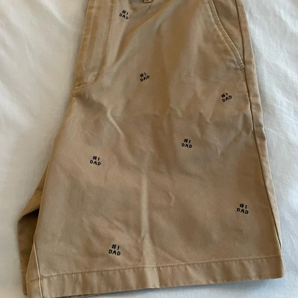 J. Crew Men's 8” Classic Tan Chino Shorts with #1 Dad Embroidery, 34W, NWOT